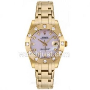 Brilliant Rolex Masterpiece Replica 2836 Bevægelse Guld Diamant Bezel og markører med Pink MOP Dial- Mid Size | SR727