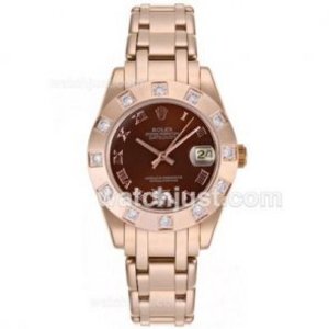 Brilliant Rolex Masterpiece Replica 2836 Bevægelse Rose Gold Roman Mærkning med Brown Dial- Mid Size | SR818