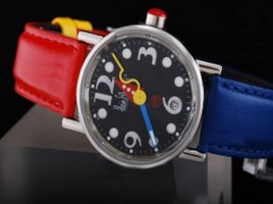 Replica Alain Silberstein Watch Classic Automatic Black Dial and White Marking-Red and Blue Leather