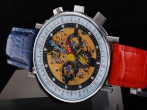 Replica Alain Silberstein Watch Classic Skeleton Automatic Red and Blue Leather Strap