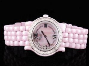 Replica Chopard Watch Full Ceramic Swiss ETA Quartz Movement Pink Dial and Diamond Bezel