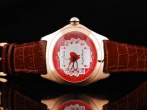 Replica Corum Watch Bubble Royal Flash Automatic Rose Gold Case with Red Dial-Poker shown on Dial an