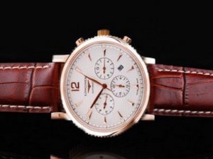 Replica Longines Watch Clous de Paris Chronograph Automatic Rose Gold Case with White Dial and Brown