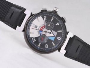Replica Louis Vuitton Cup Watch Chrono Automatic PVD Case with Black Dial -Leather Strap