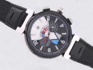 Replica Louis Vuitton Cup Watch Chrono Automatic PVD Case Black Dial -Leather Strap