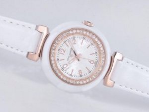 Replica Louis Vuitton Lv277 Watch White Ceramic Case Rose Gold Bezel Diamond Bezel and Silver Dial-L