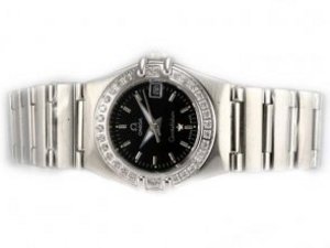 Replica Omega Constellation Watch Diamond Bezel Black Dial-Lady Size