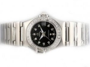 Replica Omega Constellation Watch Diamond Bezel and Marking Black Dial-Lady Size