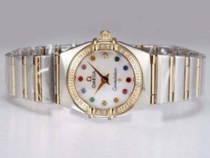 Replica Omega Constellation Watch Swiss ETA Movement Two Tone with Diamond Bezel-MOP Dial Lady Size