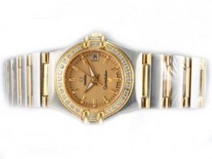 Replica Omega Constellation Watch Two Tone Diamond Bezel with Golden Dial-Lady Size
