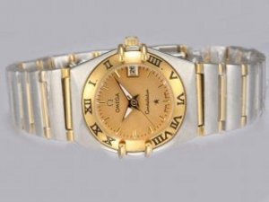 Replica Omega Constellation Watch Two Tone Golden Dial Lady Size