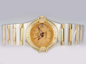 Replica Omega Constellation Watch Two Tone Diamond Bezel and Marking-Golden Dial Lady Size