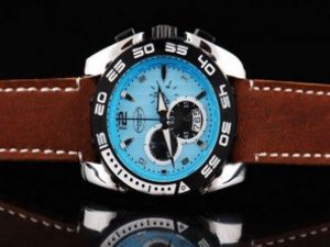 Replica Parmigiani Watch Pershing Chronograph Quartz Movement PVD Bezel and Blue Dial-Brown Leather