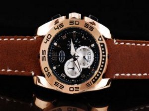 Replica Parmigiani Watch Pershing Chronograph Quartz Movement Rose Gold Case and Black Dial-Brown Le