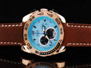 Replica Parmigiani Watch Pershing Chronograph Quartz Movement Rose Gold Case and Blue Dial-Brown Lea