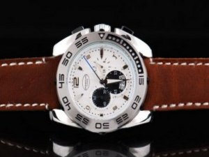 Replica Parmigiani Watch Pershing Chronograph Quartz Movement Silver Case and White Dial-Brown Leath