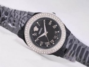 Replica Versace Watch Black Authentic Ceramic Diamond Bezel Diamond Bezel with Black Dial-Roman Mark