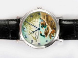 Replica Patek Philippe Klocka Classic Manuell Slingrande Mandarin Duck Illustration med emalj Dial